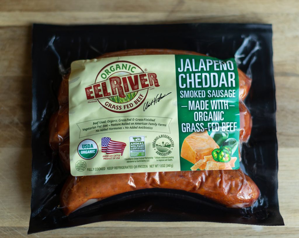 Organic GrassFed Smoked Jalapeño Cheddar Cheese Beef Sausage Eel River Organic Beef Grass